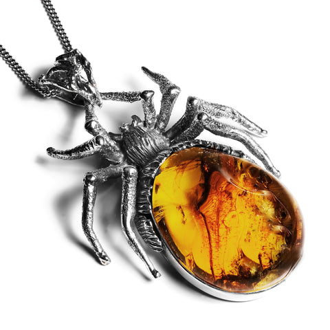 Spooky Handmade Spider Necklace in Silver and Untreated Amber