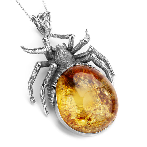 Fabulous Handmade Spider Necklace in Silver and Natural Amber