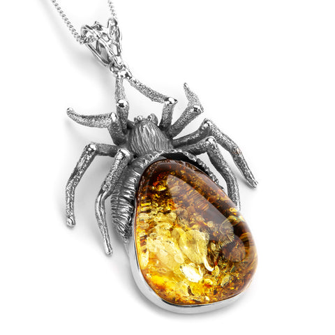 Chilling Handmade Spider Necklace in Silver and Natural Amber