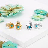 Hamsa Hand Stud Earrings in Silver with 24ct Gold & Turquoise