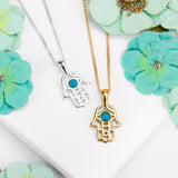 Miniature Hamsa Hand Necklace in Silver with 24ct Gold & Turquoise