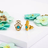 Hamsa Hand Stud Earrings in Silver with 24ct Gold & Turquoise