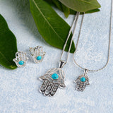 Hamsa Hand Necklace in Silver and Turquoise
