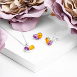 Heart Stud Earrings in Silver, Amethyst and Yellow Amber