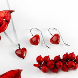 Heart Drop Earrings in Silver and Red Horn Coral