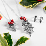 Small Holly Leaf with Berries Necklace in Silver