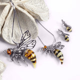 Hornet Bee Stud Drop Earrings in Silver and Amber