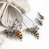 Large Hornet Bee Necklace in Silver and Amber