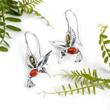 Hummingbird Hook Earrings in Silver, Green Amber and Coral