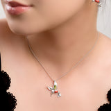 Hovering Hummingbird Necklace in Silver, Green Amber and Coral