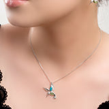 Hovering Hummingbird Necklace in Silver, Green Amber and Turquoise