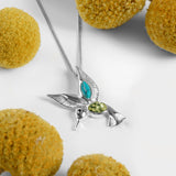 Hovering Hummingbird Necklace in Silver, Green Amber and Turquoise