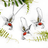 Hummingbird Hook Earrings in Silver, Green Amber and Coral