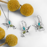 Hummingbird Hook Earrings in Silver, Green Amber and Turquoise
