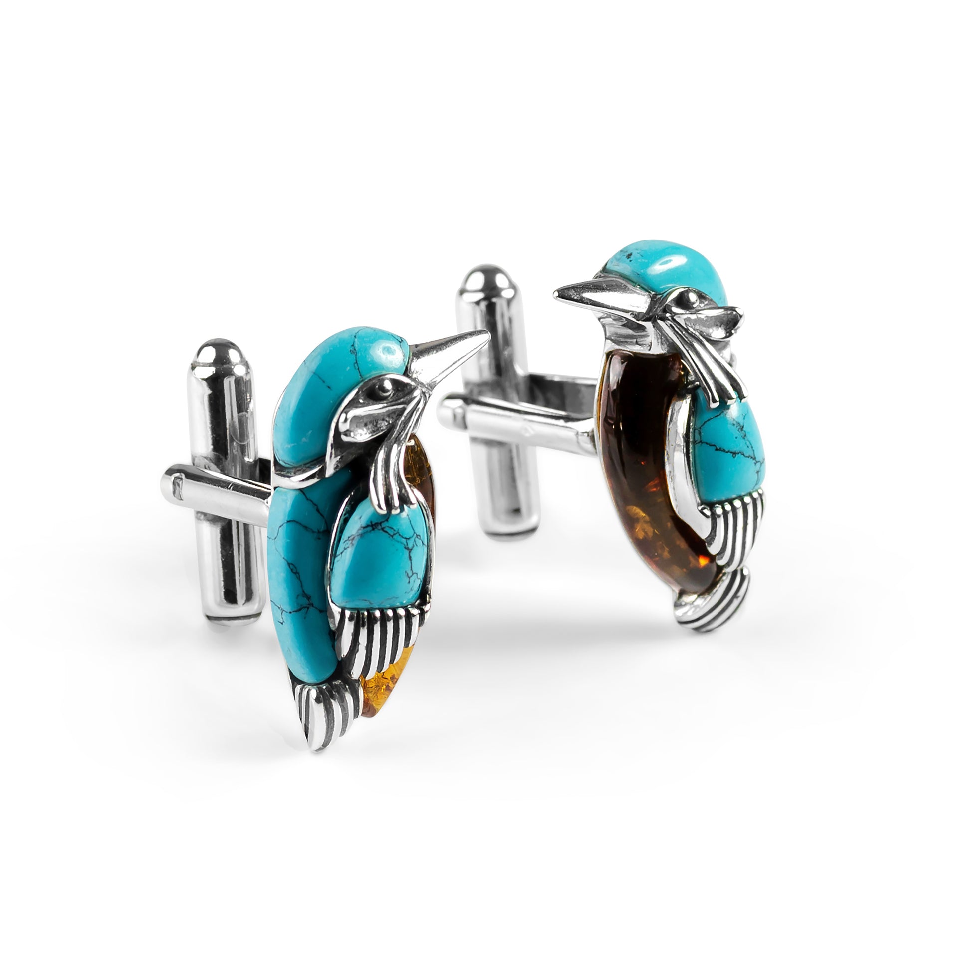 Kingfisher Bird Cufflinks Silver Amber