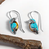 Kingfisher Bird Hook Earrings in Silver, Turquoise and Amber