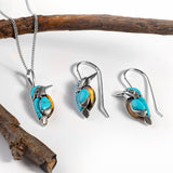 Miniature Kingfisher Bird Necklace in Silver, Turquoise and Amber