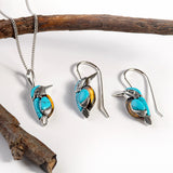 Kingfisher Bird Hook Earrings in Silver, Turquoise and Amber
