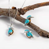 Miniature Kingfisher Bird Necklace in Silver, Turquoise and Amber