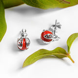 Little Ladybird Stud Earrings in Silver and Coral