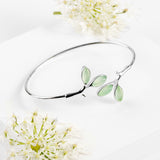 Simple Olive Leaf Branch Bangle in Silver and Prehnite