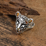 Magnificent Leopard Head Ring in Silver and Amber