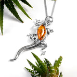Large Lizard Gecko Necklace in Silver and Cognac Amber
