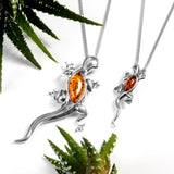 Large Lizard Gecko Necklace in Silver and Cognac Amber