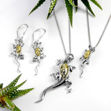 Lizard Drop Earrings in Silver and Green Amber