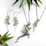 Small Climbing Lizard Necklace in Silver and Green Amber