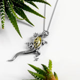 Large Lizard Gecko Necklace in Silver and Green Amber