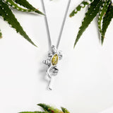 Small Climbing Lizard Necklace in Silver and Green Amber