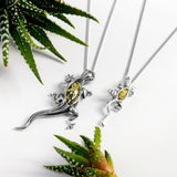 Large Lizard Gecko Necklace in Silver and Green Amber