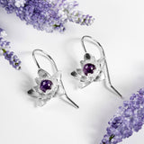 Pretty Lotus Flower Hook Earrings in Silver and Amethyst