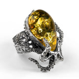Handmade Striking Octopus Adjustable Ring in Silver and Green Amber
