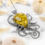 Striking Large Octopus Necklace in Silver and Green Amber
