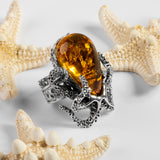 Handmade Striking Octopus Adjustable Ring in Silver & Amber