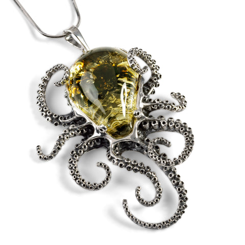 Striking Large Octopus Necklace in Silver and Green Amber