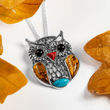 Feathered Owl Necklace in Silver, Turquoise and Amber