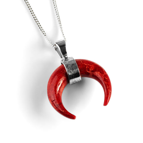 Crescent Moon Necklace in Silver & Red Horn Coral