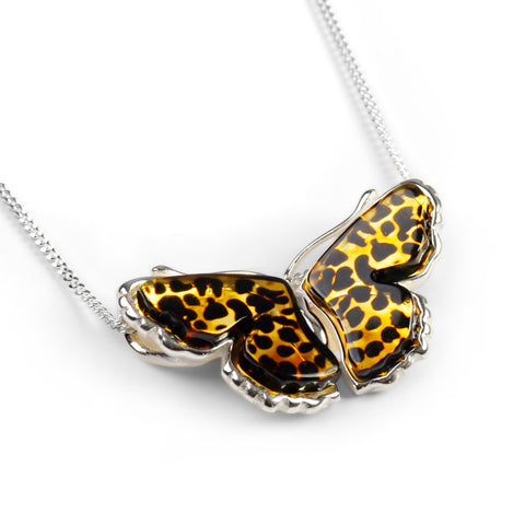 Meadow Fritillary Butterfly Necklace in Silver and Amber