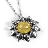 Large Sunflower Necklace in Silver and Light Yellow Amber