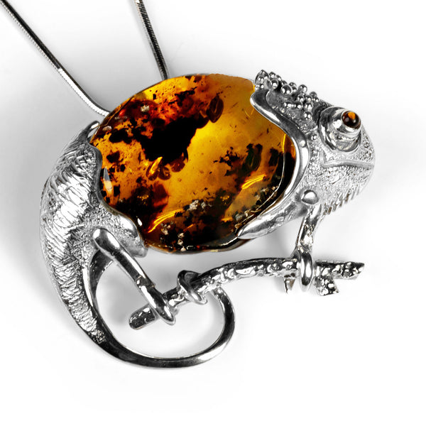 Handmade Statement Chameleon Necklace in Silver and Amber