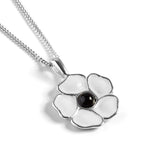 White Peace Poppy Flower Necklace in Silver and Amber