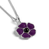 Hand-painted Purple Poppy Flower Necklace in Silver and Amber