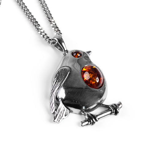 Large Robin Necklace in Silver and Amber