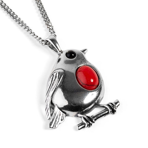 Large Robin Necklace in Silver and Coral