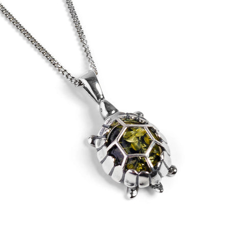Turtle / Tortoise Necklace in Silver and Green Amber