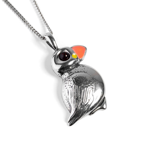 Small Puffin Bird Necklace in Silver and Amber