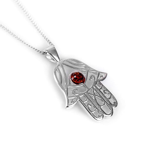Hamsa Hand Necklace in Silver and Amber